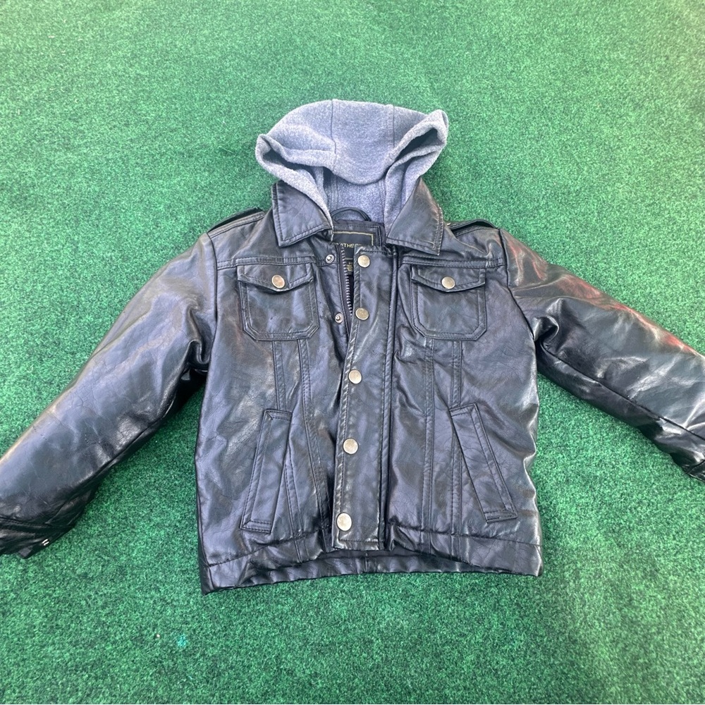 Rothschild Black Faux Leather Jacket with Gray Hood